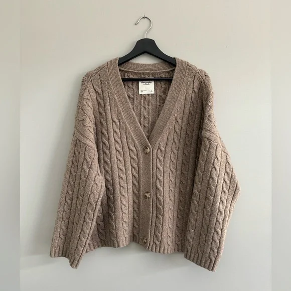 LAST CHANCE EUC ABERCROMBIE & FITCH CHUNKY CABLE KNIT V-NECK CARDIGAN, BROWN L - Picture 11 of 11
